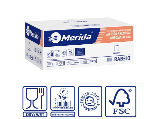 MERIDA PREMIUM AUTOMATIC MAXI - paper towel in roll for maxi auto-cut dispenser, diameter 18.5 cm, white, 3-ply, 100 m (6 rolls / carton)
